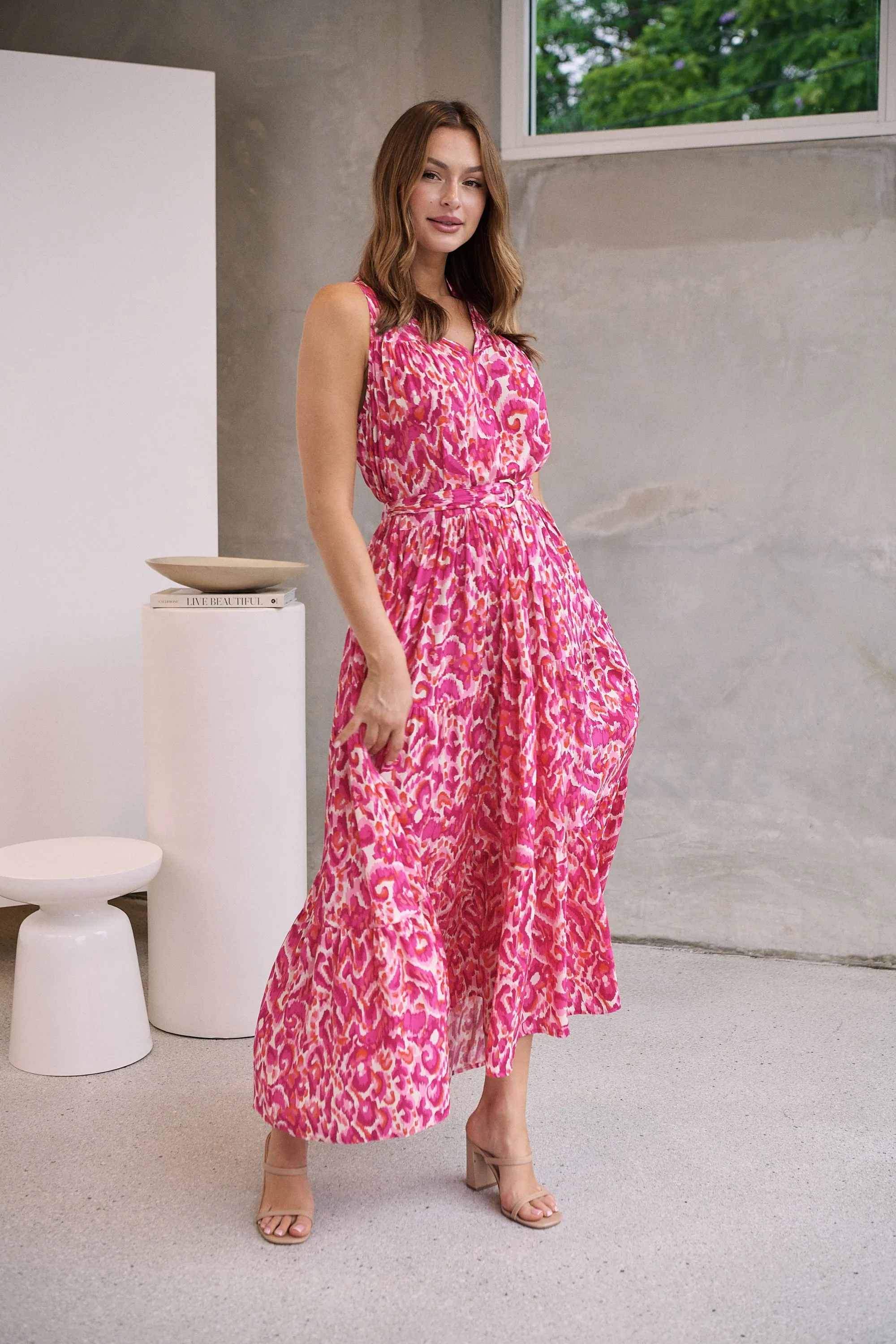 Cosima Long Pink/Orange Print Collared Maxi Dress