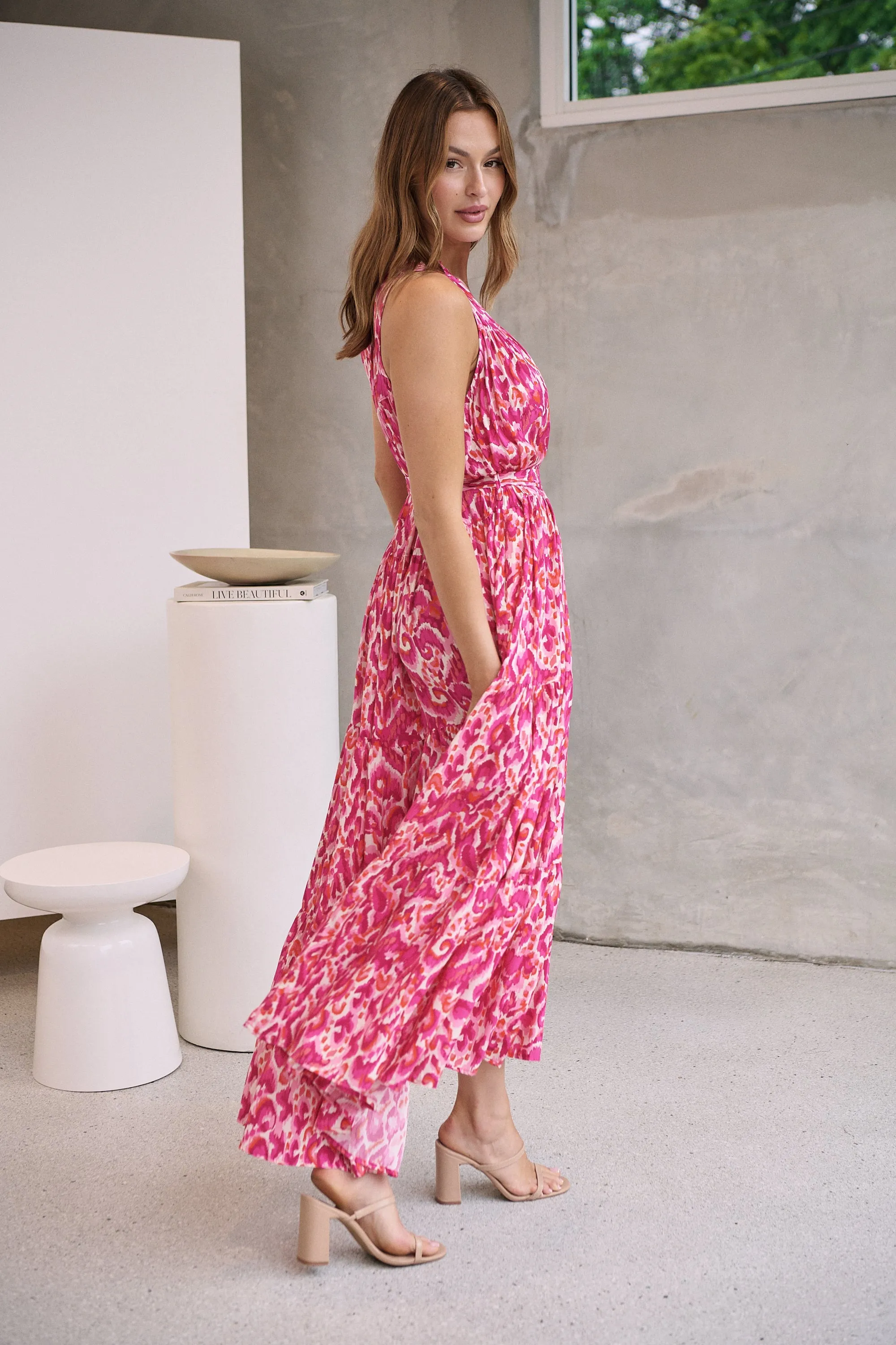 Cosima Long Pink/Orange Print Collared Maxi Dress