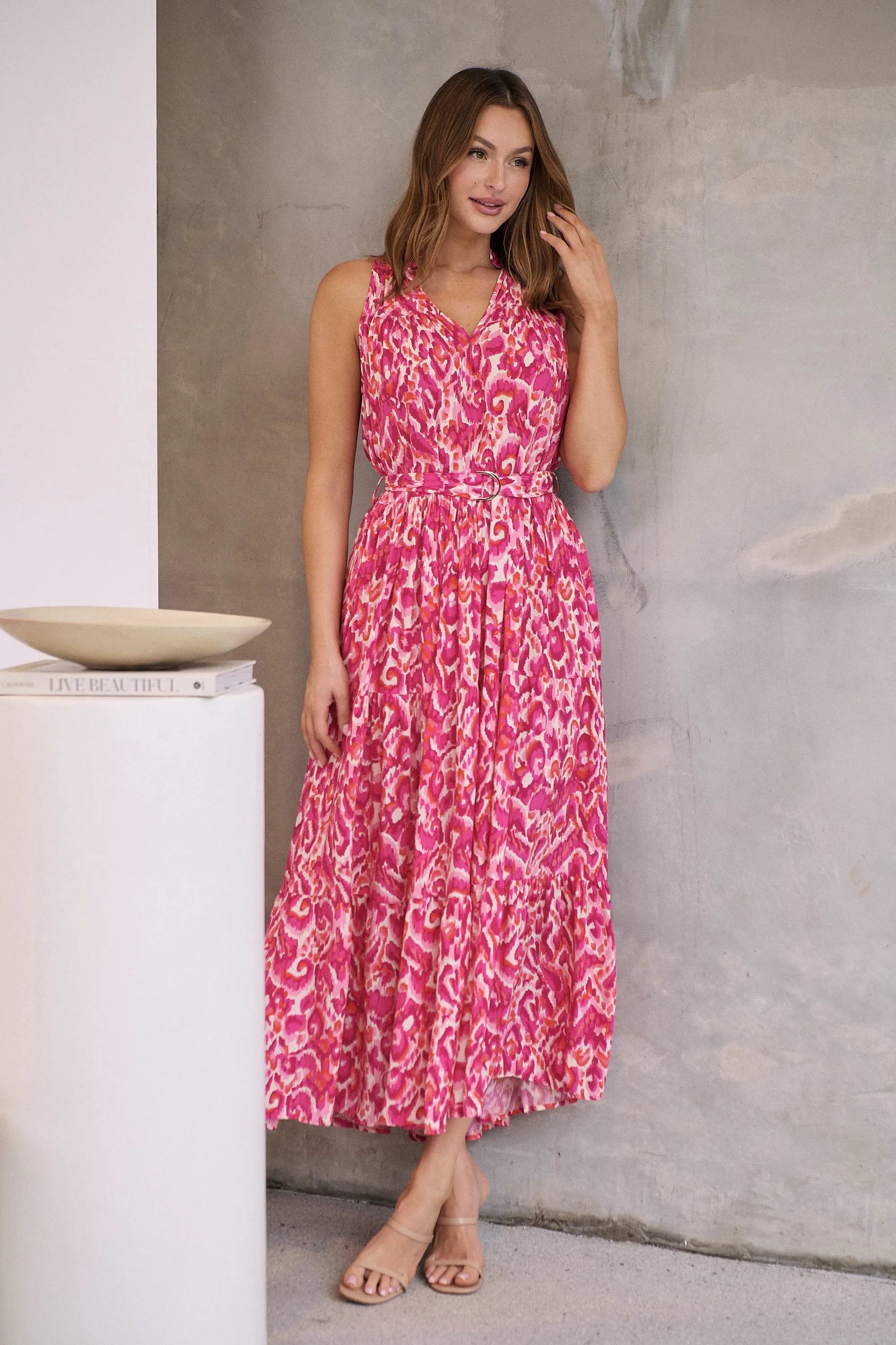 Cosima Long Pink/Orange Print Collared Maxi Dress