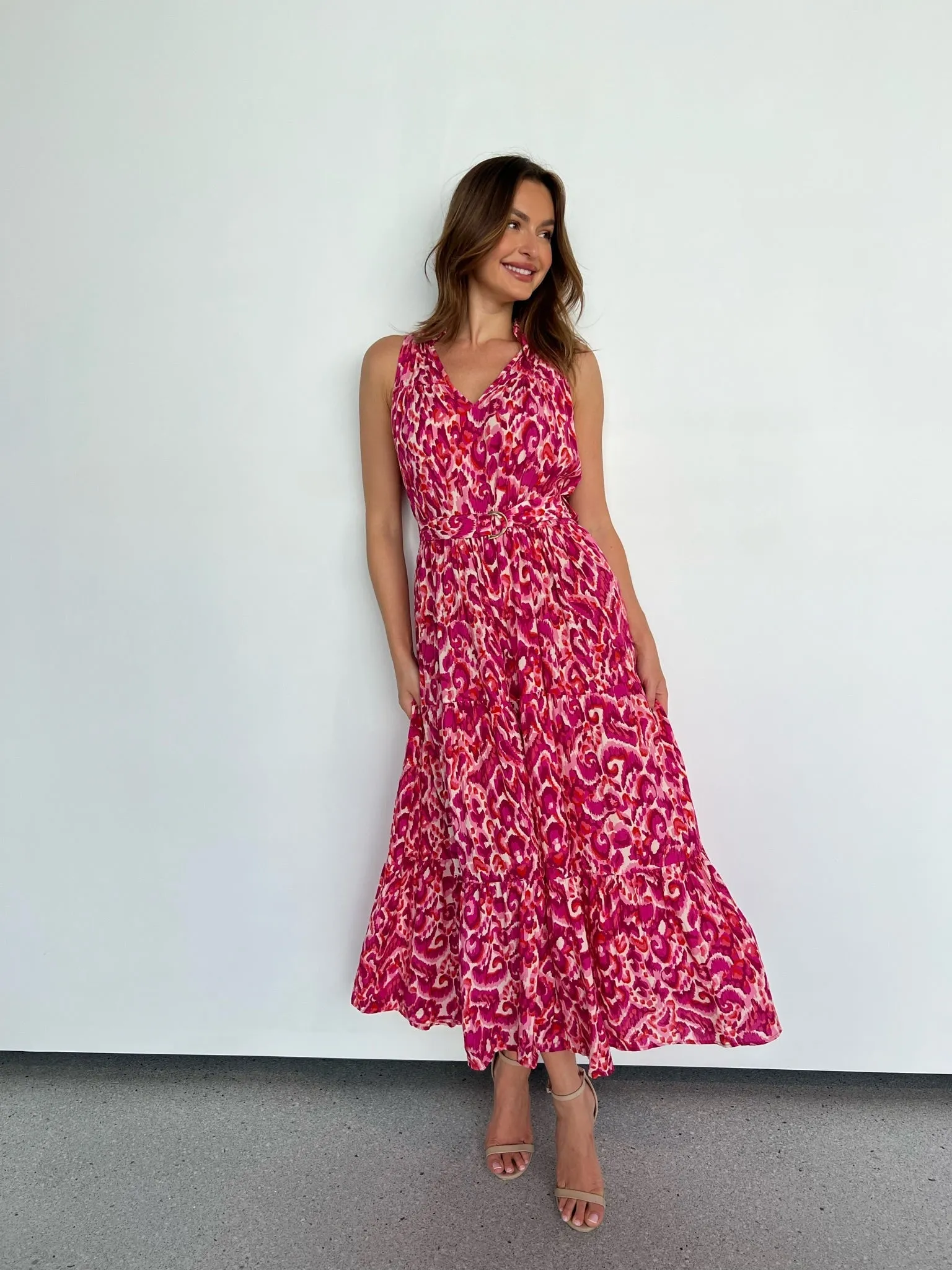 Cosima Long Pink/Orange Print Collared Maxi Dress