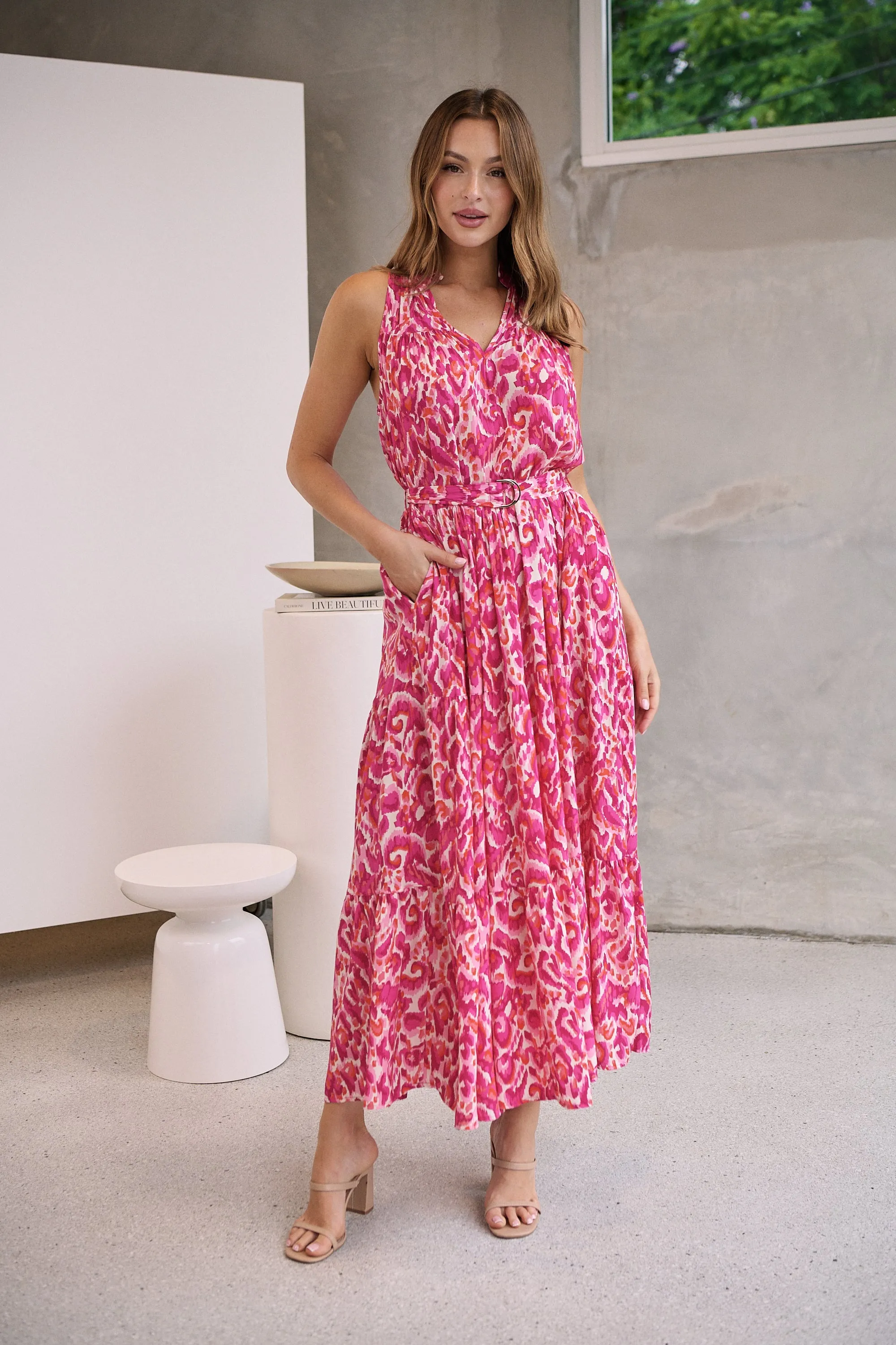 Cosima Long Pink/Orange Print Collared Maxi Dress