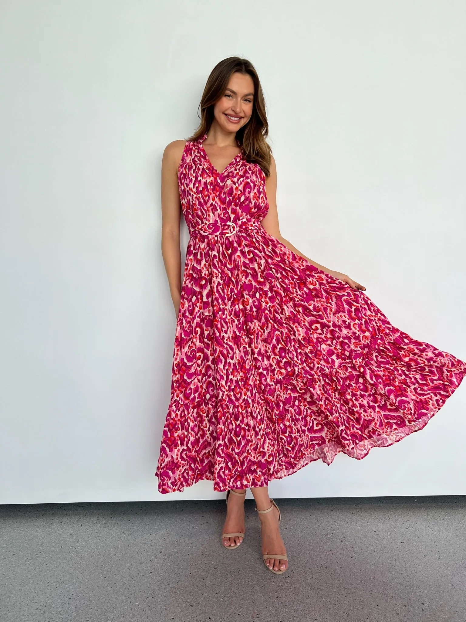 Cosima Long Pink/Orange Print Collared Maxi Dress