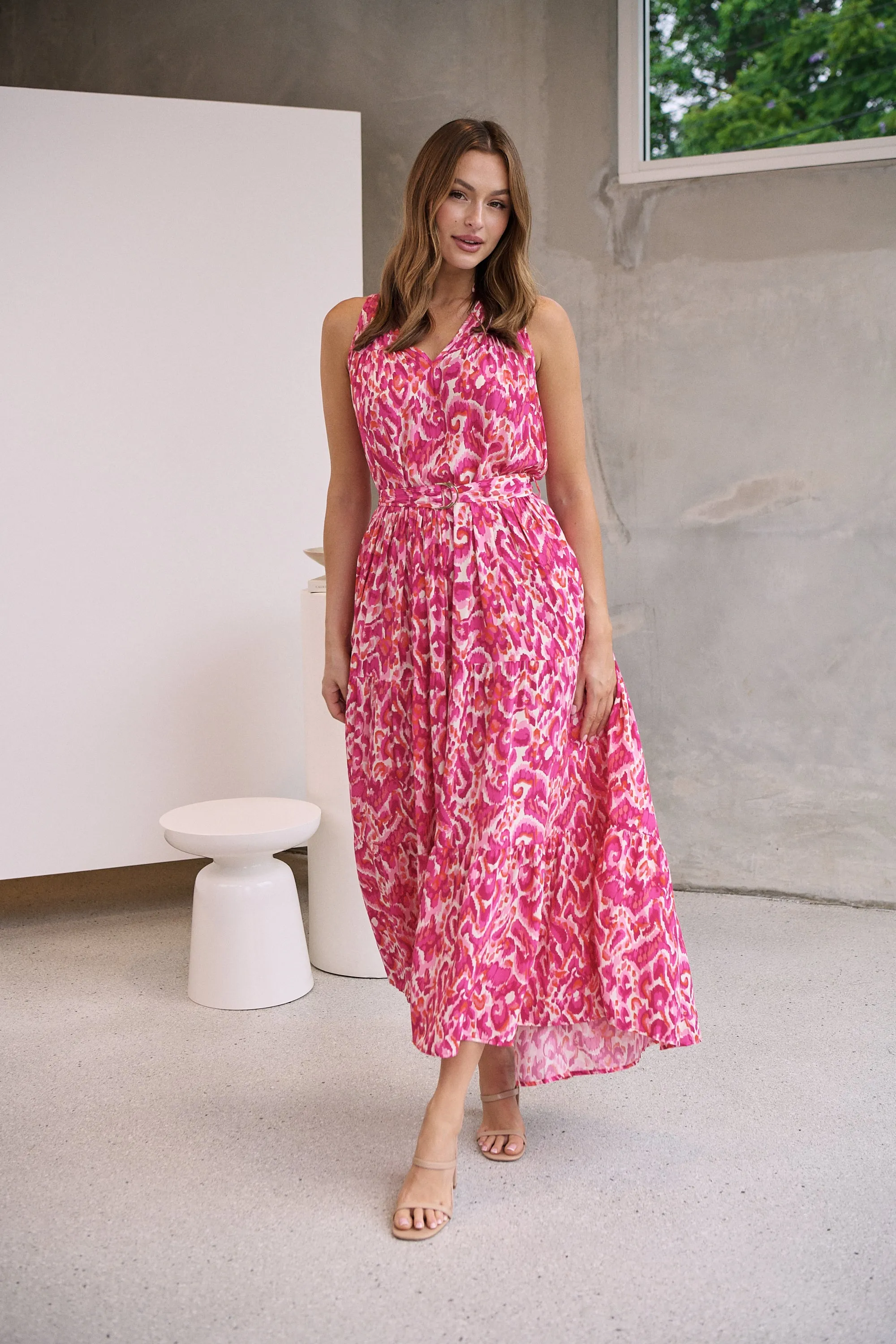 Cosima Long Pink/Orange Print Collared Maxi Dress