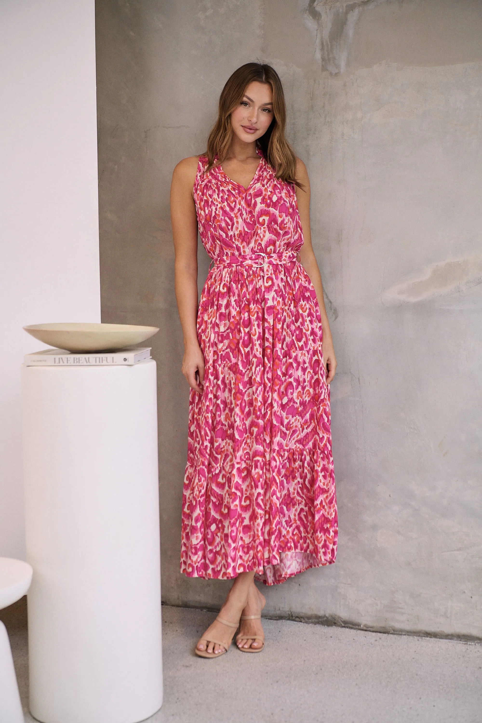 Cosima Long Pink/Orange Print Collared Maxi Dress