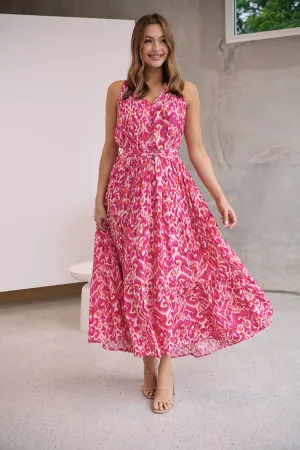 Cosima Long Pink/Orange Print Collared Maxi Dress