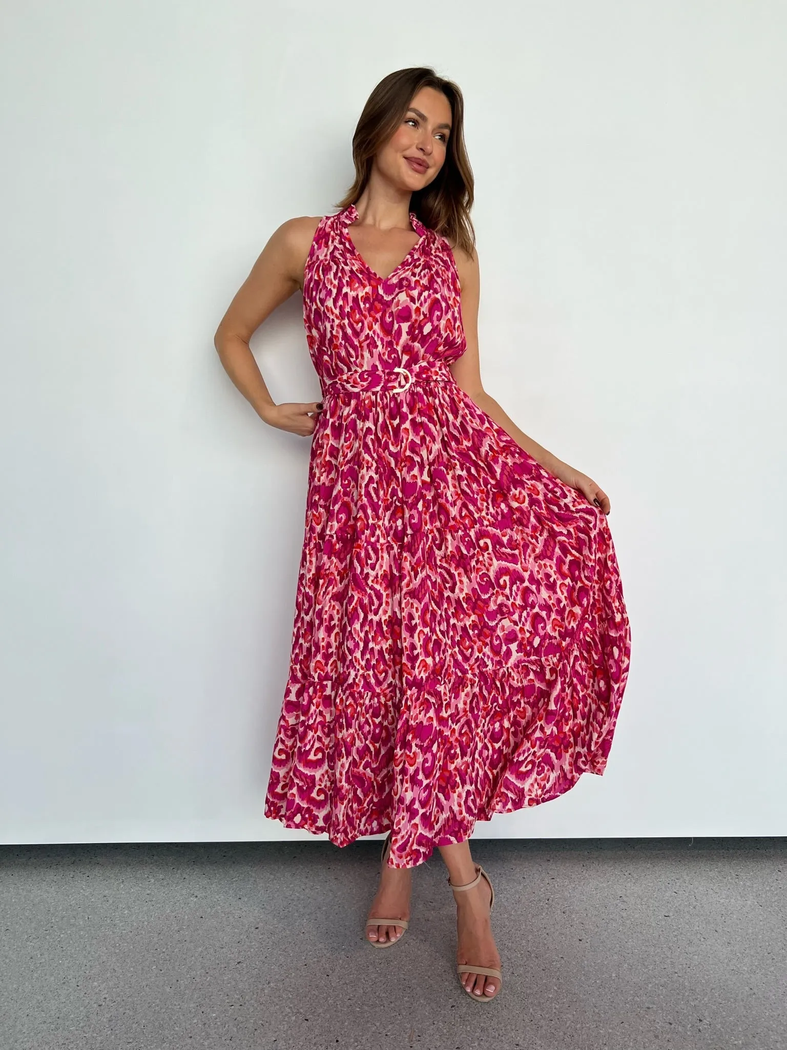 Cosima Long Pink/Orange Print Collared Maxi Dress