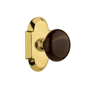 Cottage Short Plate with Brown Porcelain Knob in Polished Brass