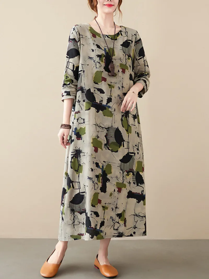 cotton and long-sleeved pring and summer with broken flowers A-line dress