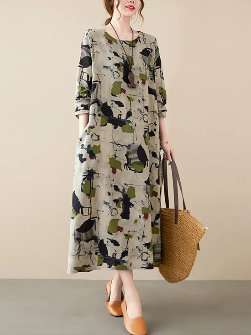 cotton and long-sleeved pring and summer with broken flowers A-line dress