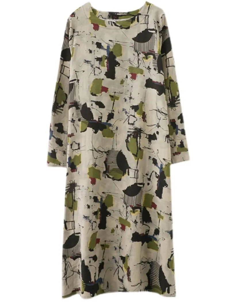 cotton and long-sleeved pring and summer with broken flowers A-line dress