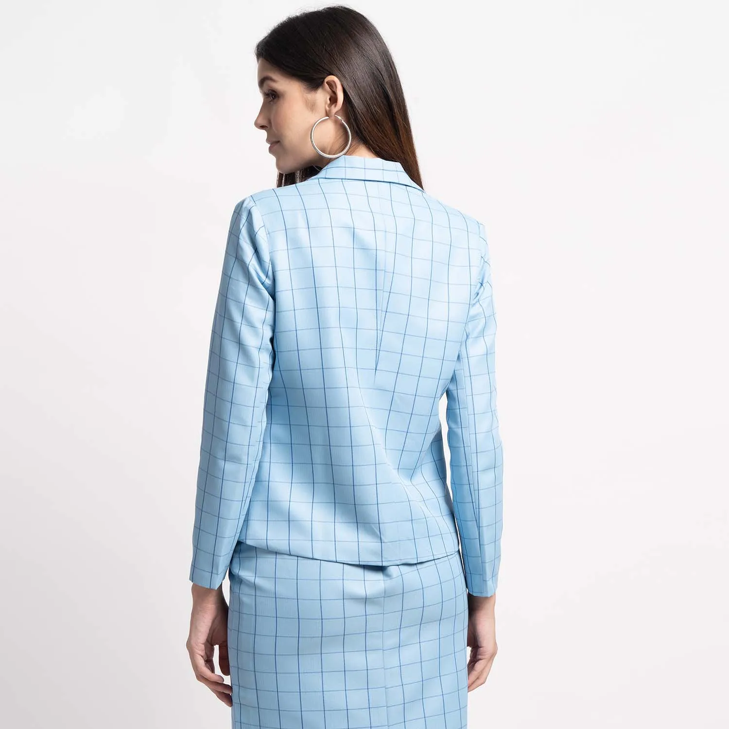 Cotton Baby Blue Windowpane Check Skirt Suit