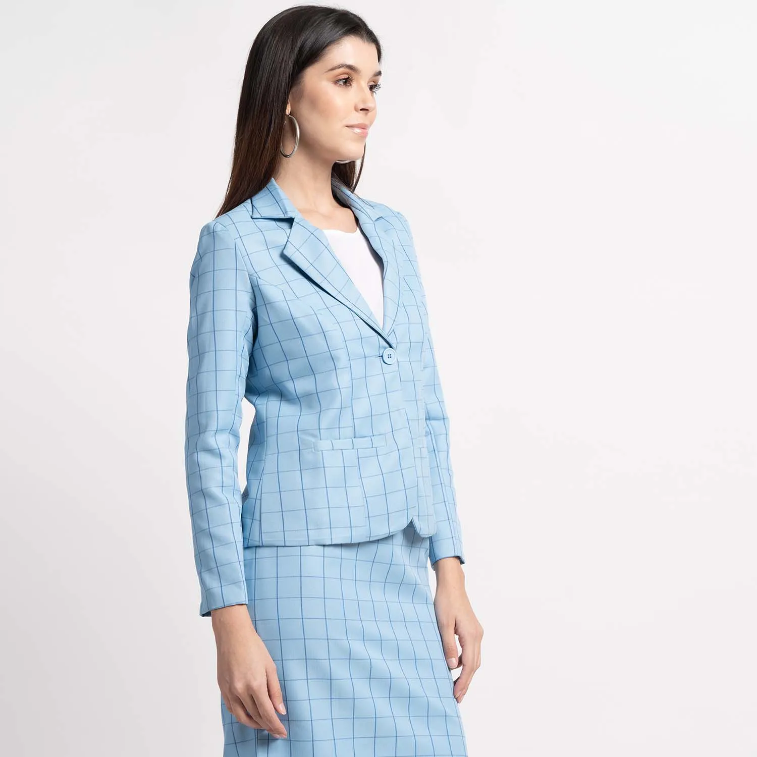 Cotton Baby Blue Windowpane Check Skirt Suit