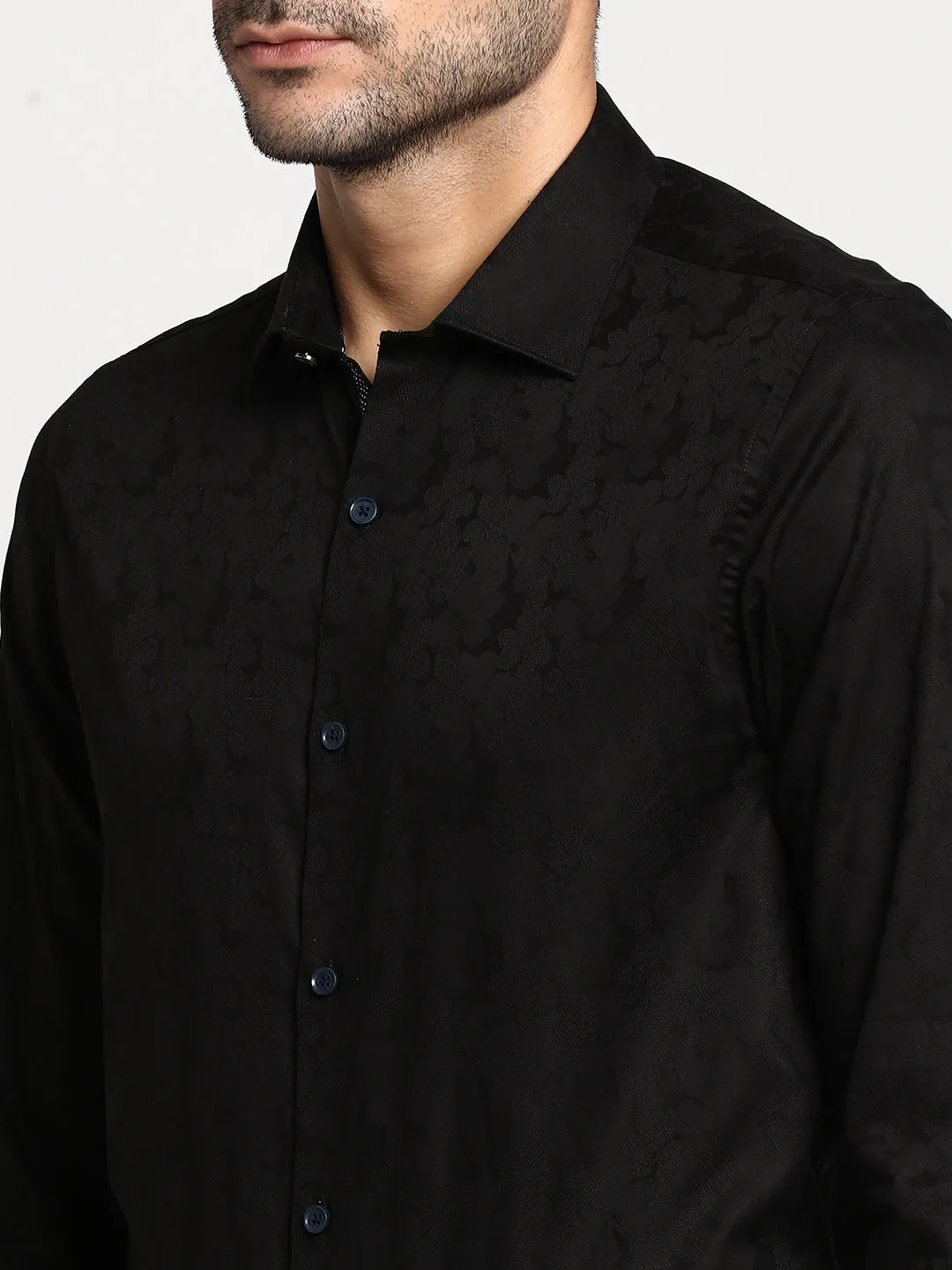 Cotton Black Slim Fit Self Design Formal Shirt