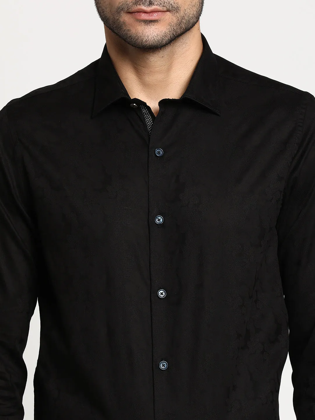 Cotton Black Slim Fit Self Design Formal Shirt