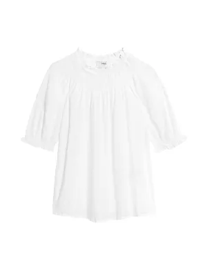 Cotton Blend Crew Neck Smocked Blouse