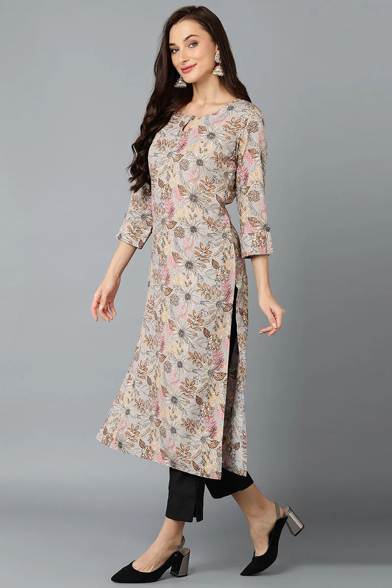 Cotton Blend Grey Printed Straight Kurta