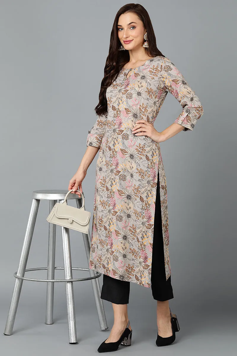 Cotton Blend Grey Printed Straight Kurta