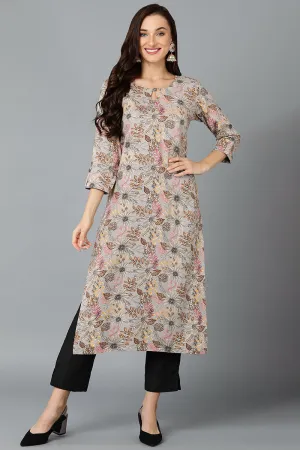 Cotton Blend Grey Printed Straight Kurta