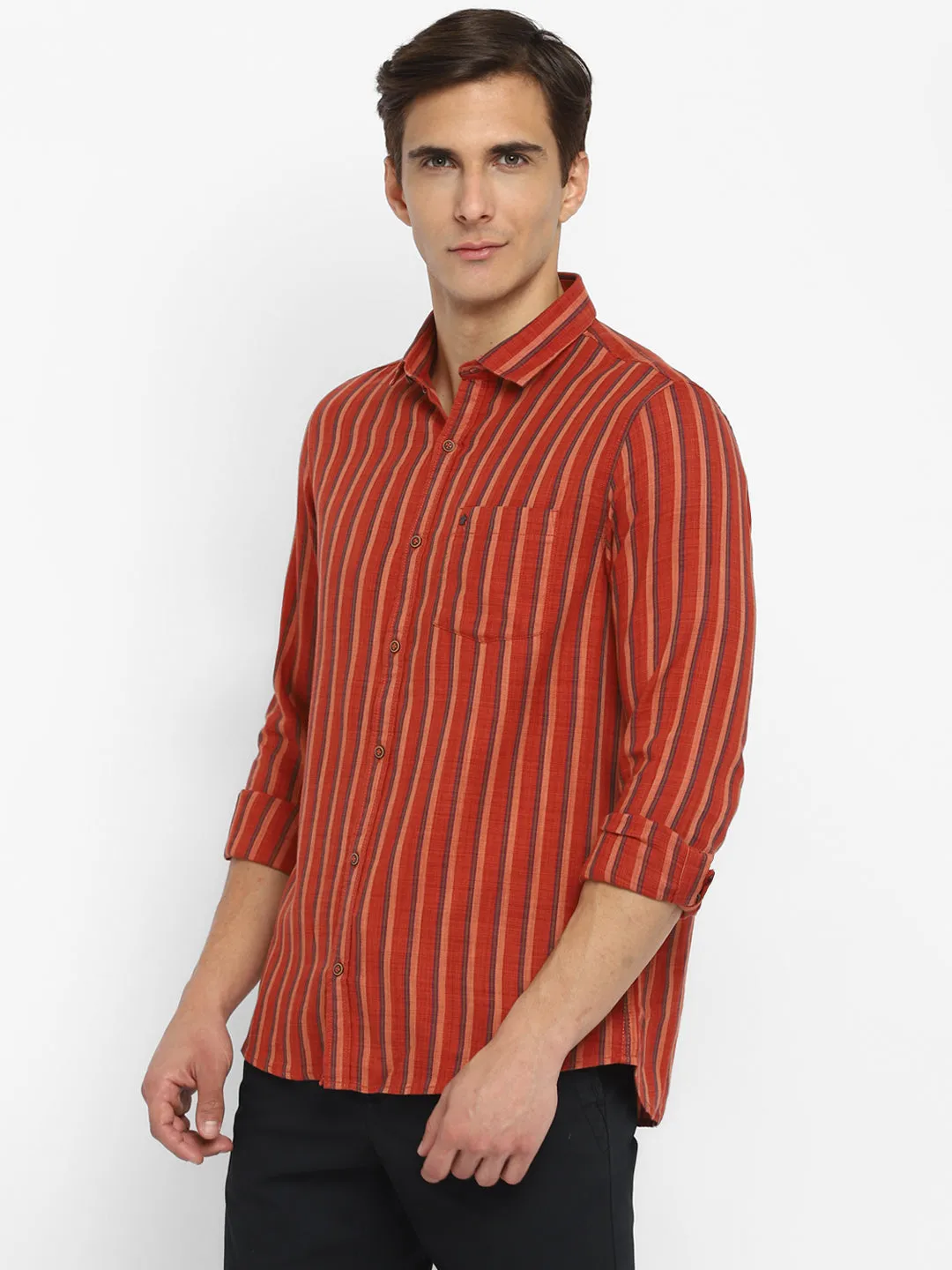 Cotton Blend Striped Regular Fit Red Casual Shirts