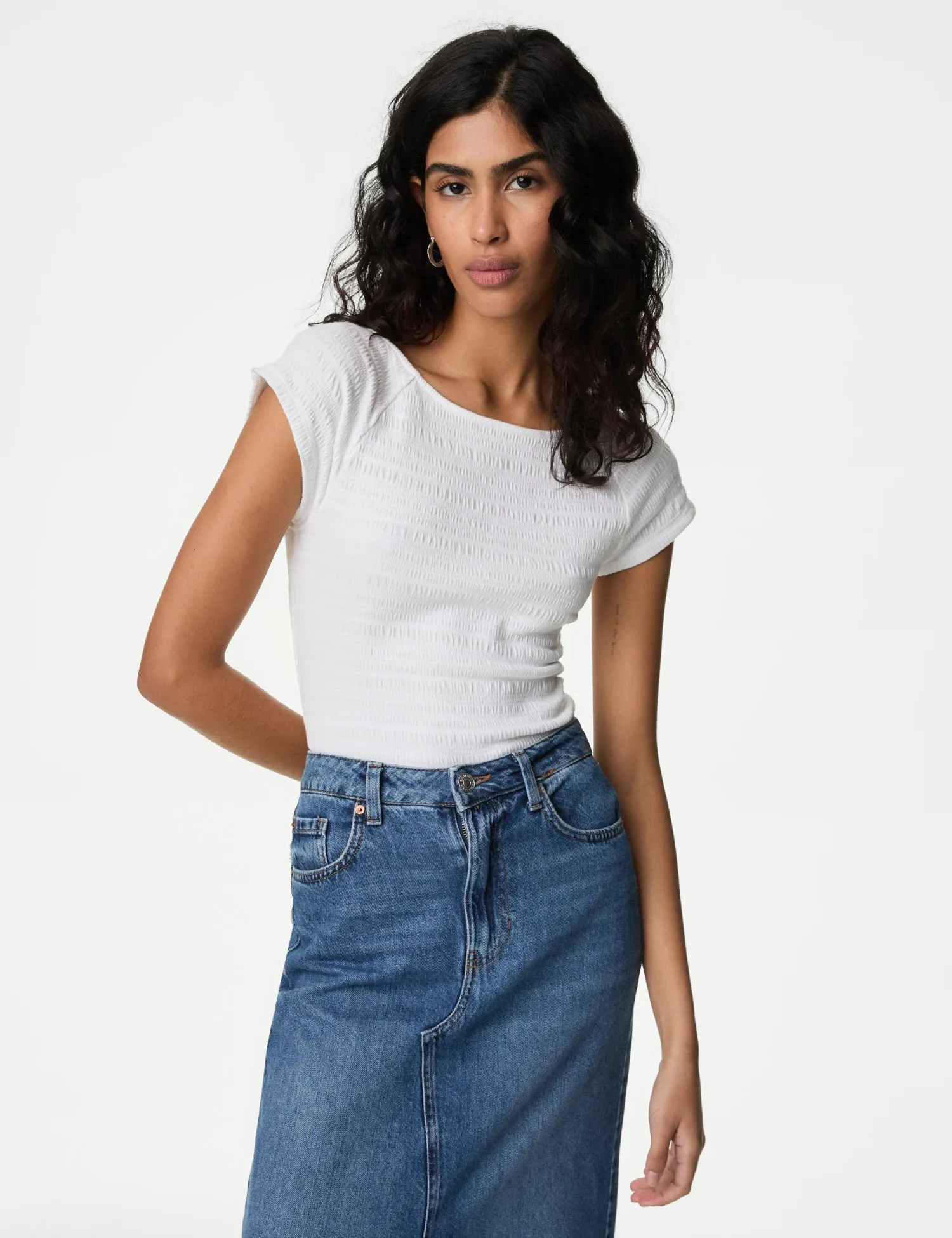 Cotton Blend Textured Off The Shoulder Top