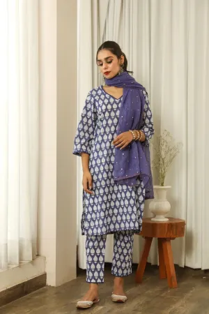 Cotton Blue & White Printed Suit Set with Cotton Doriya Dupatta