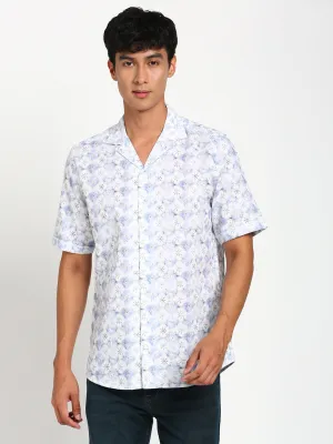 Cotton Blue Printed Slim Fit Half Sleeve Casual Shirt