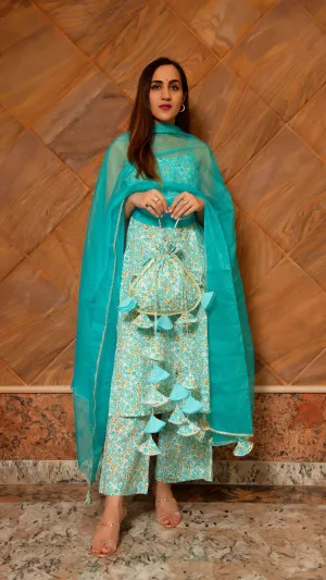 Cotton Blue Printed Straight Cut Suit Set with Organza Dupatta