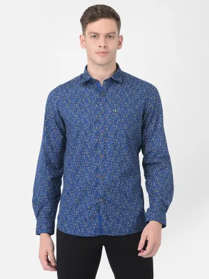 Cotton Blue Slim Fit Printed Casual Shirt