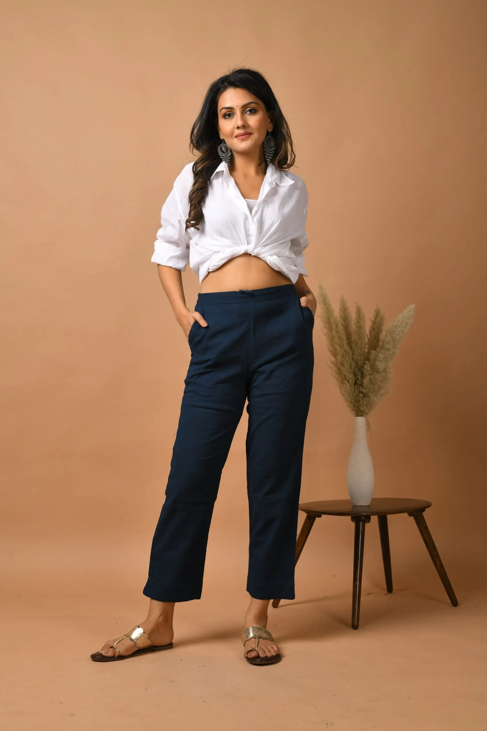 Cotton Blue Solid Pants with Pockets