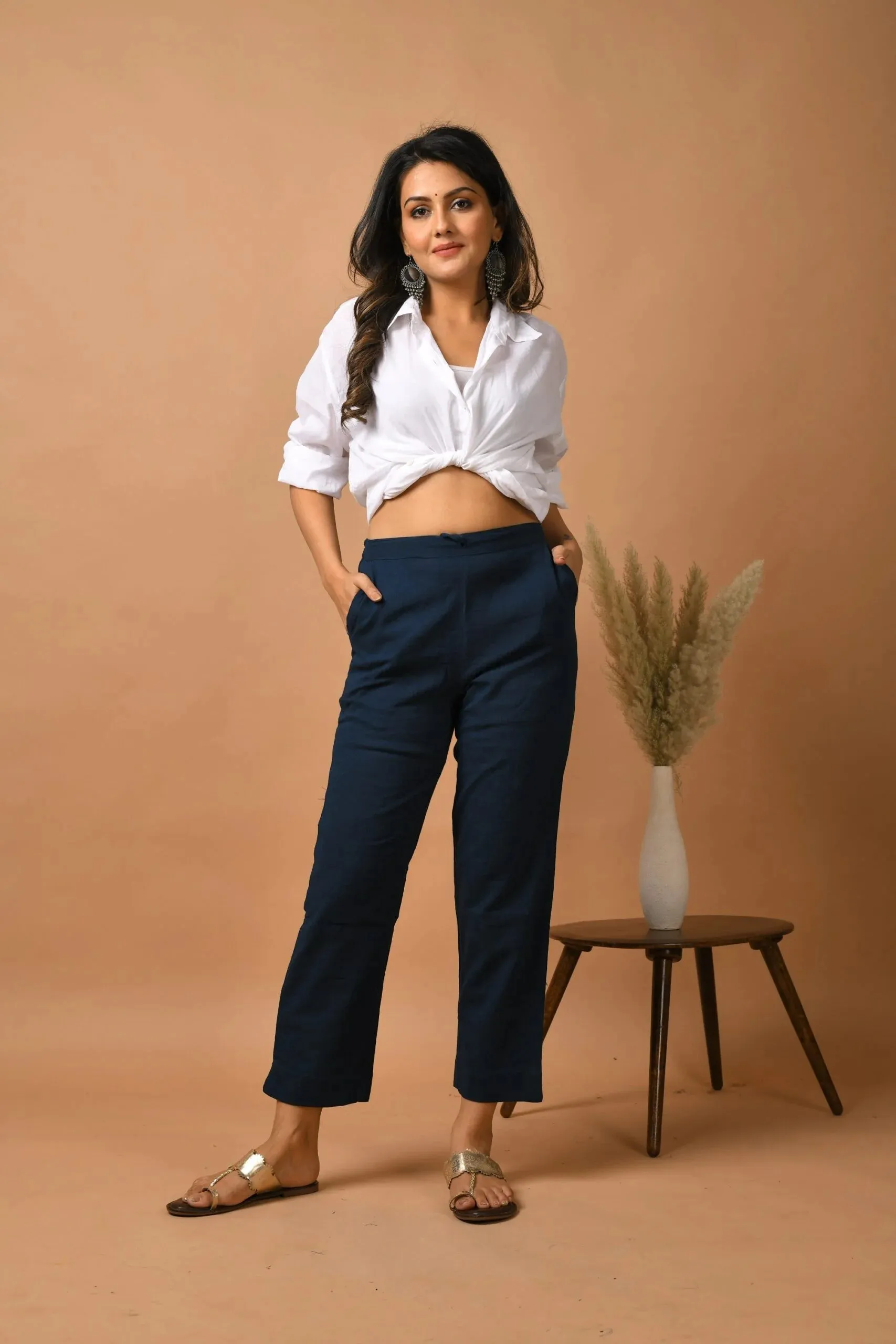 Cotton Blue Solid Pants with Pockets