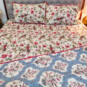 COTTON CASTLE Anokhi Quilted Bedcover Reversible Bedsheet with Pillow Cover Floral Design Suitable Bedsheet for Double Bed Sze: King Size (Size-100×108") (Ivory with Red)