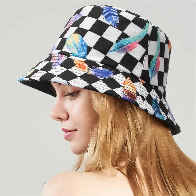 Cotton Check Print Bucket Hat Sun Hats