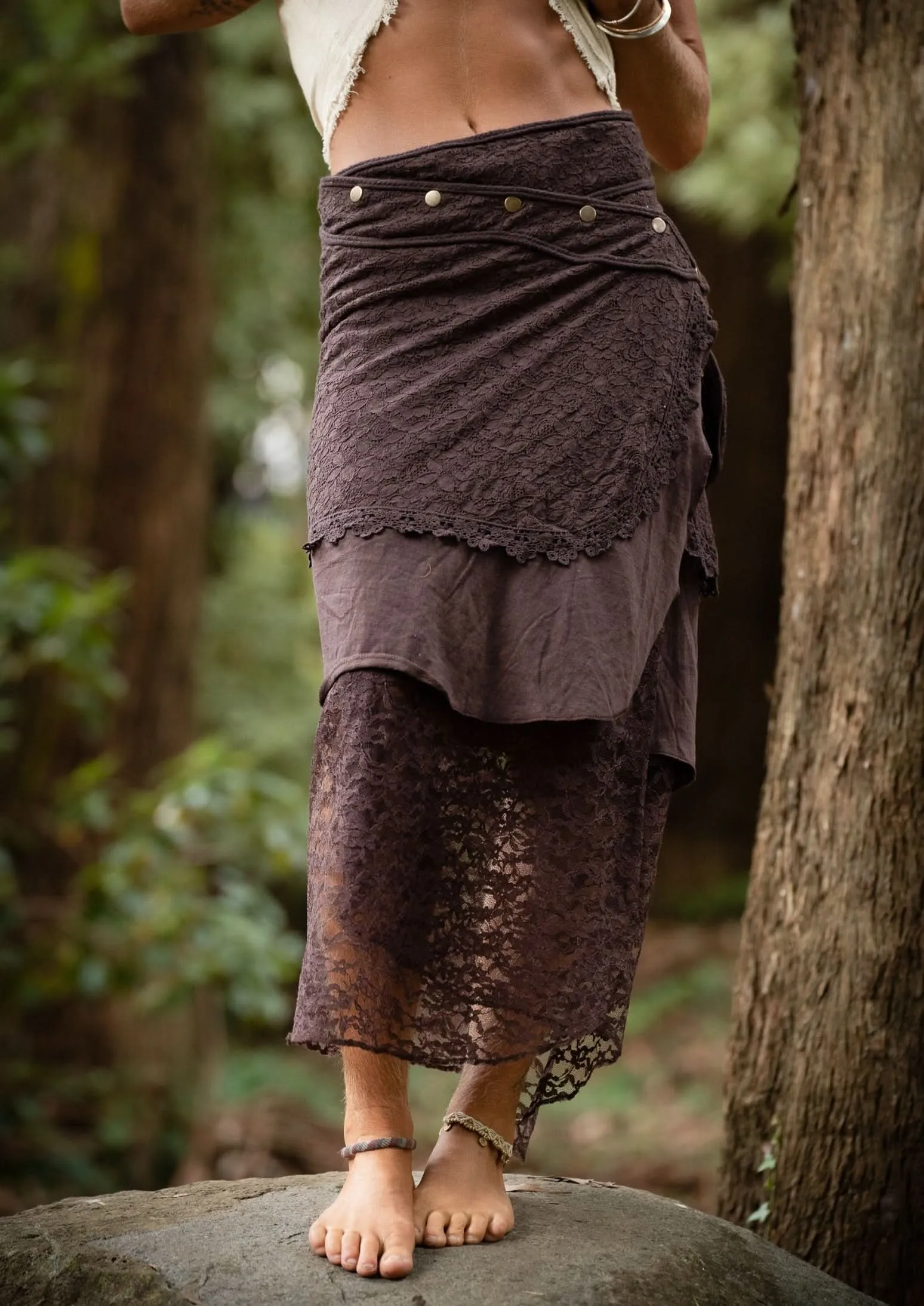 Cotton Crochet Layered Skirt - Brown