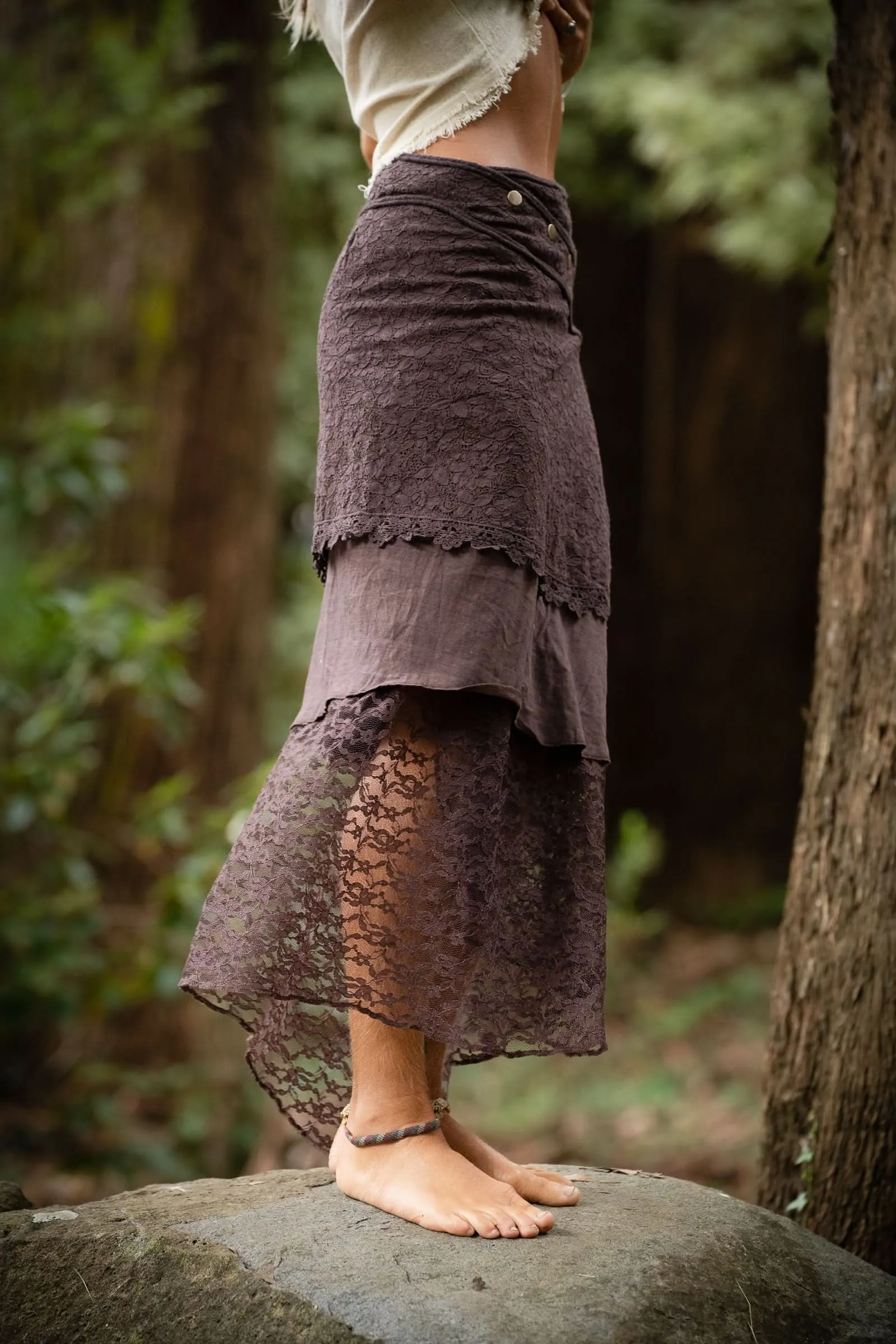 Cotton Crochet Layered Skirt - Brown