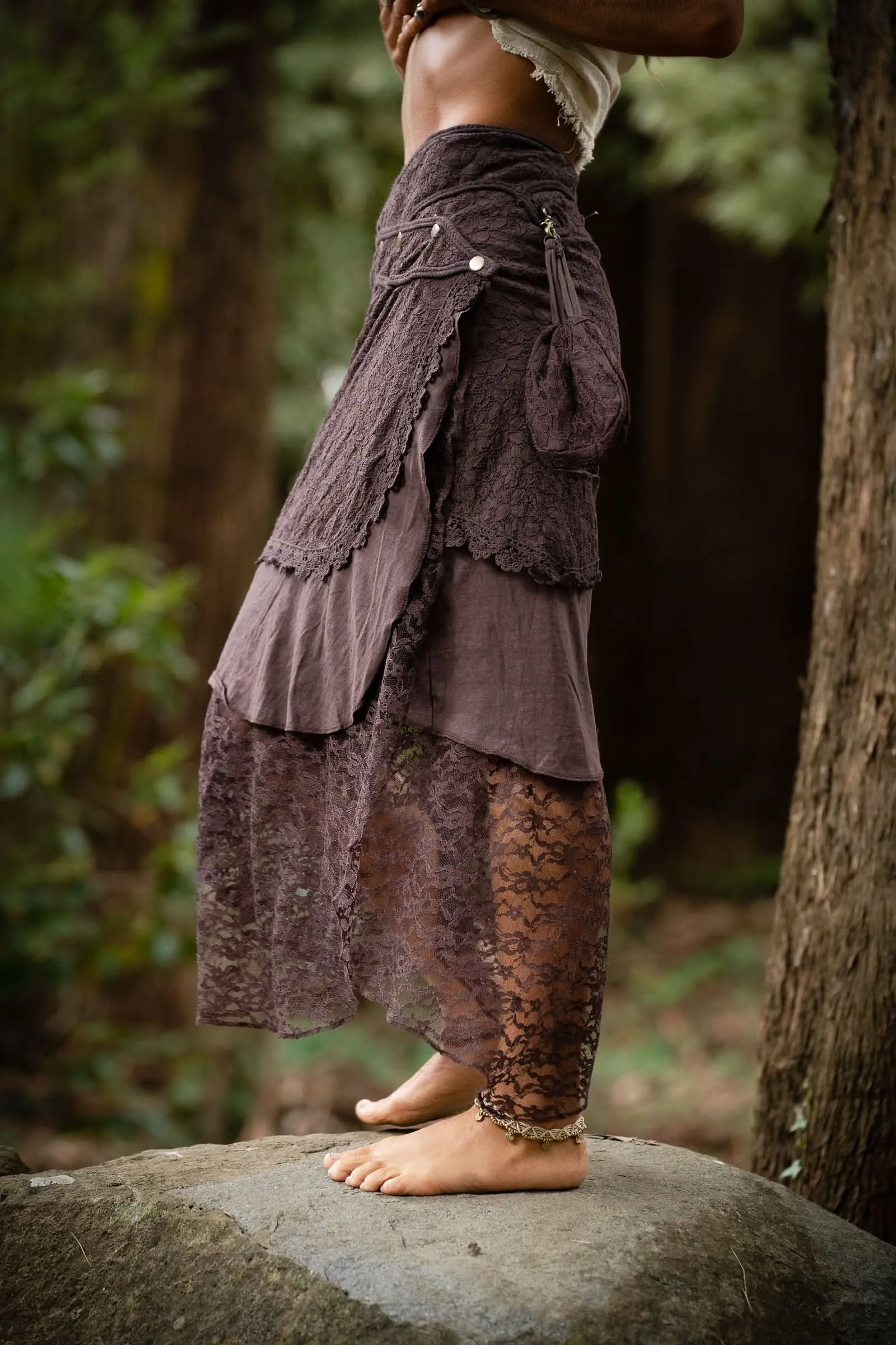 Cotton Crochet Layered Skirt - Brown