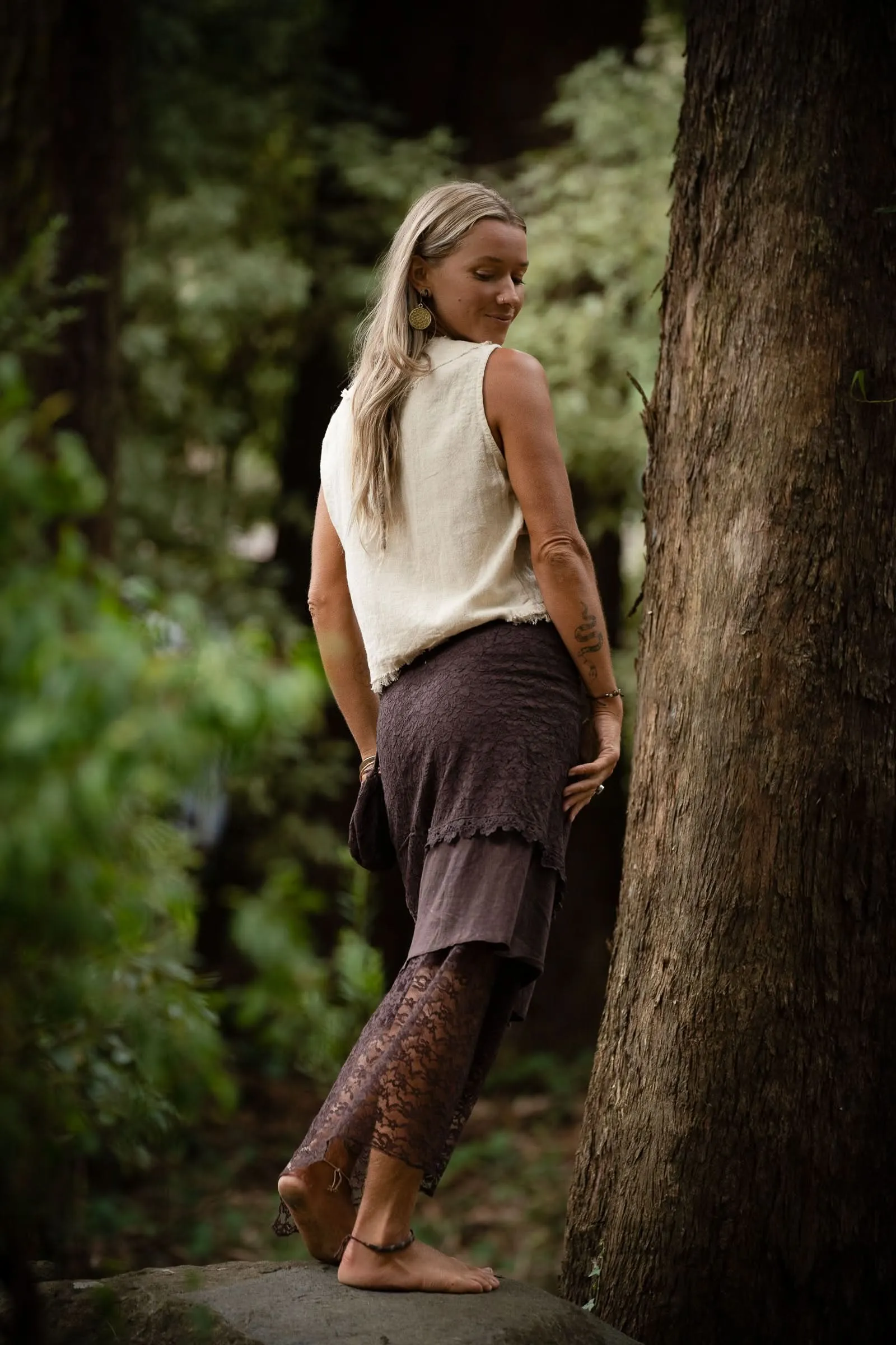 Cotton Crochet Layered Skirt - Brown