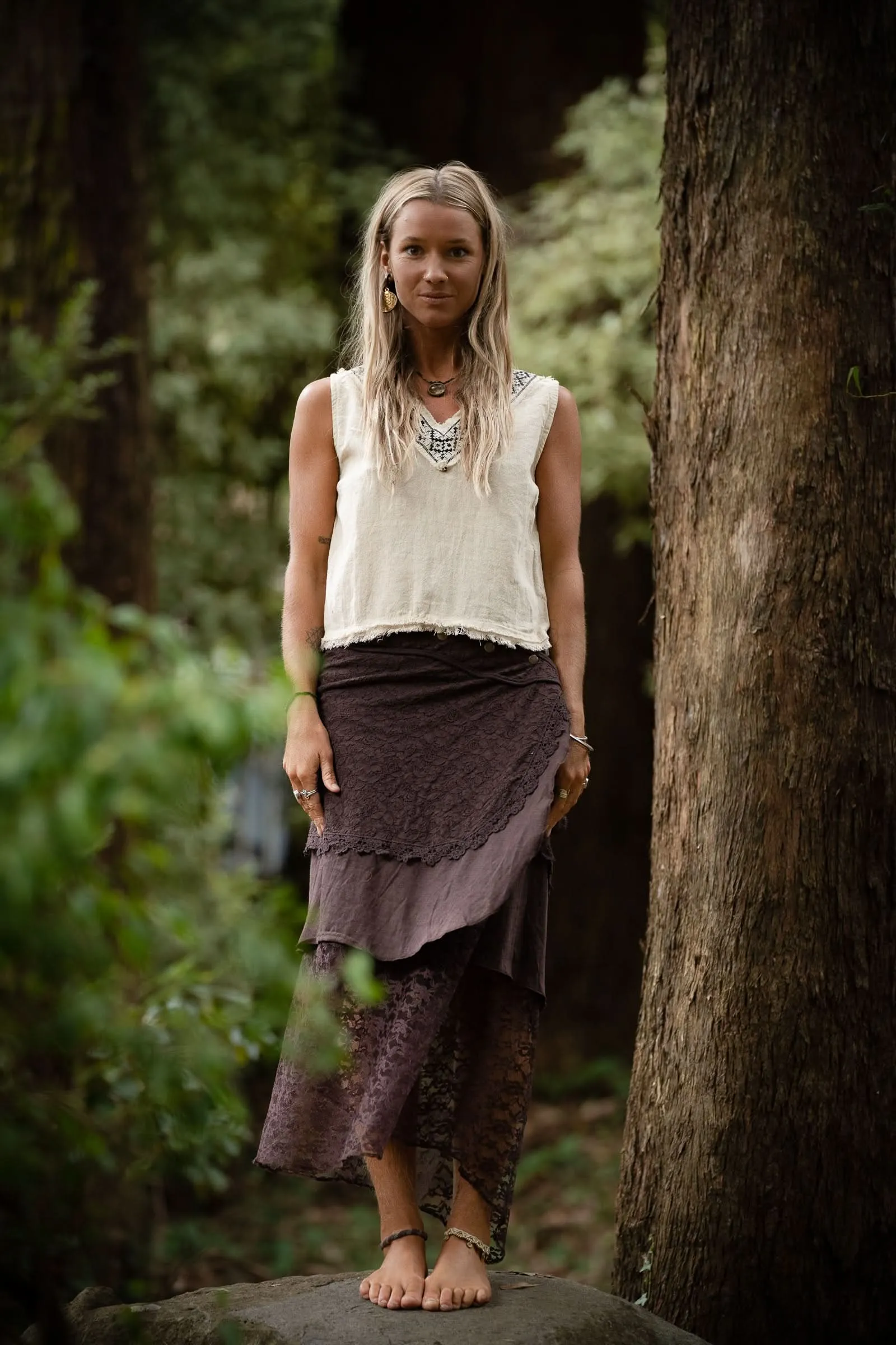 Cotton Crochet Layered Skirt - Brown