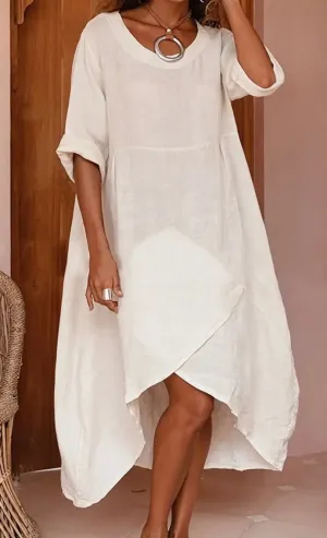 Cotton Dress, 3/4 Sleeves, Round Collar, White, Loose Fit, Knee Length