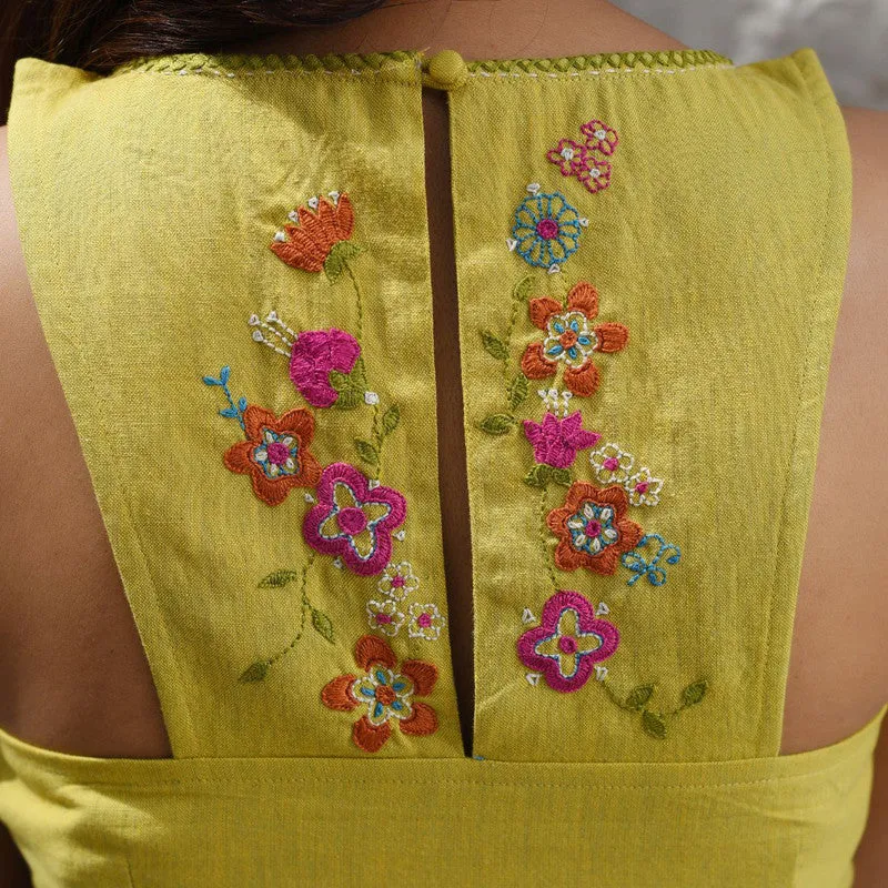 Cotton Embroidered Blouse | Sleeveless | Round Neckline | Mustard