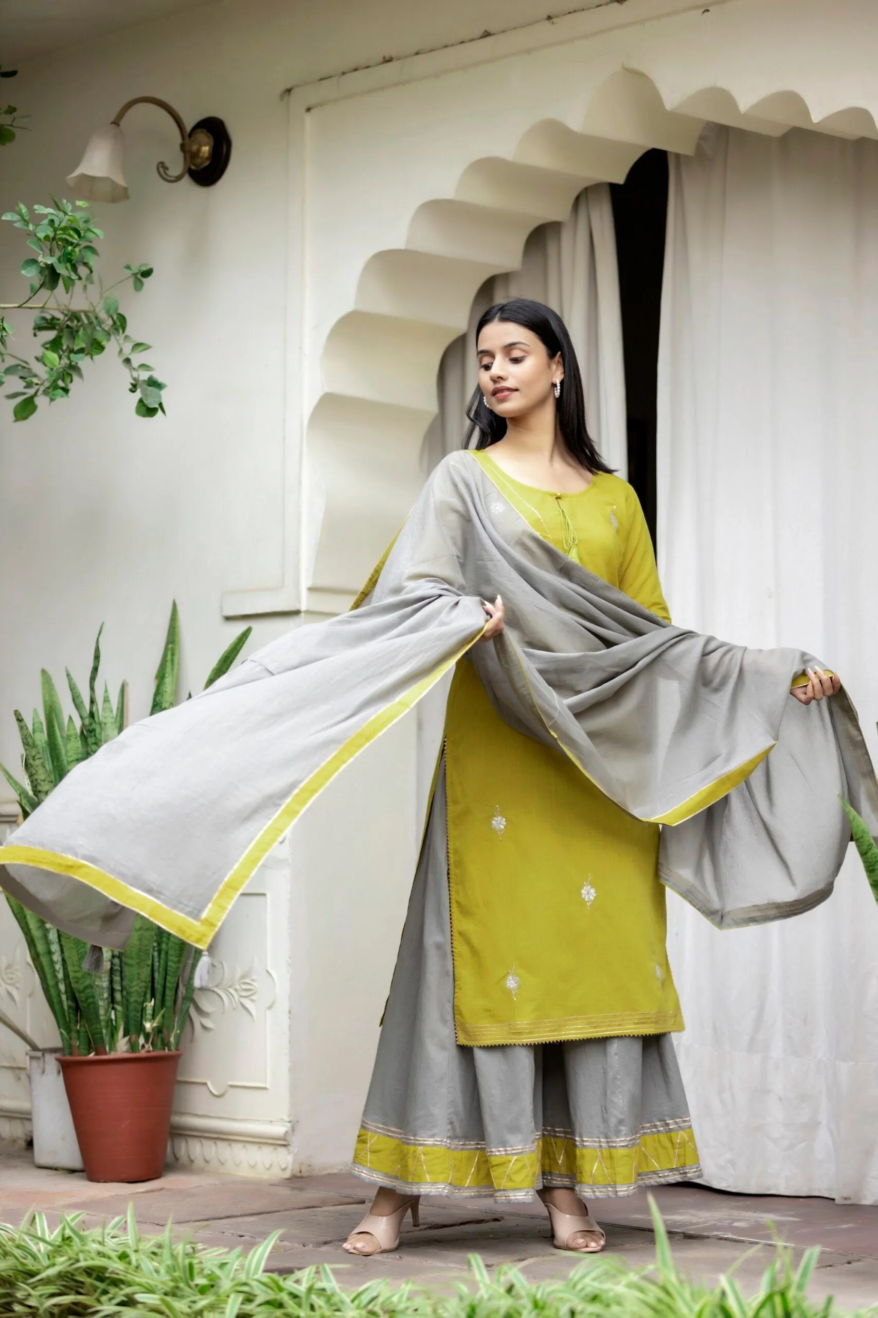 Cotton Green & Grey Embroidered Sharara Set with Dupatta