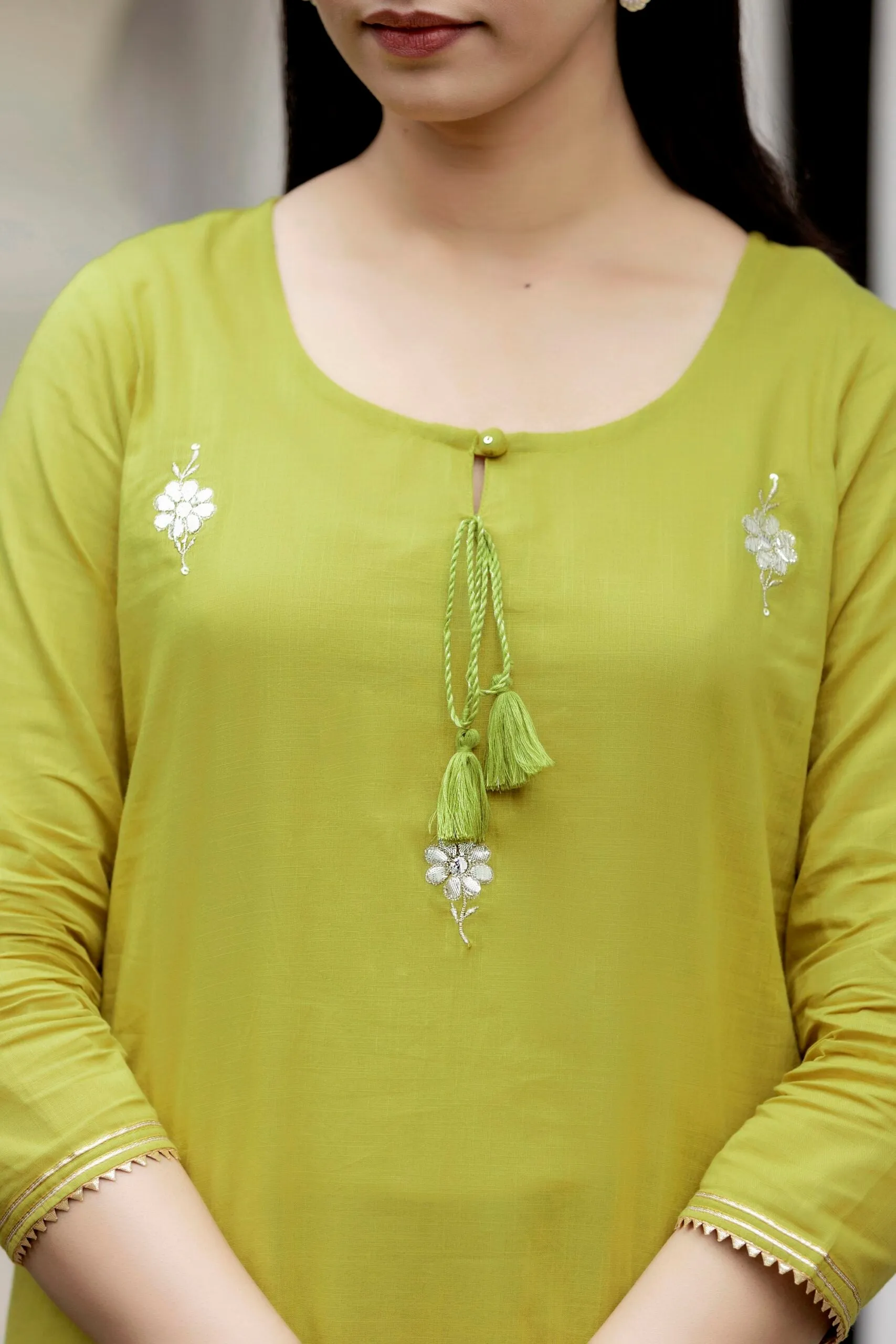 Cotton Green & Grey Embroidered Sharara Set with Dupatta