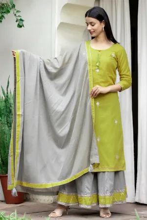 Cotton Green & Grey Embroidered Sharara Set with Dupatta