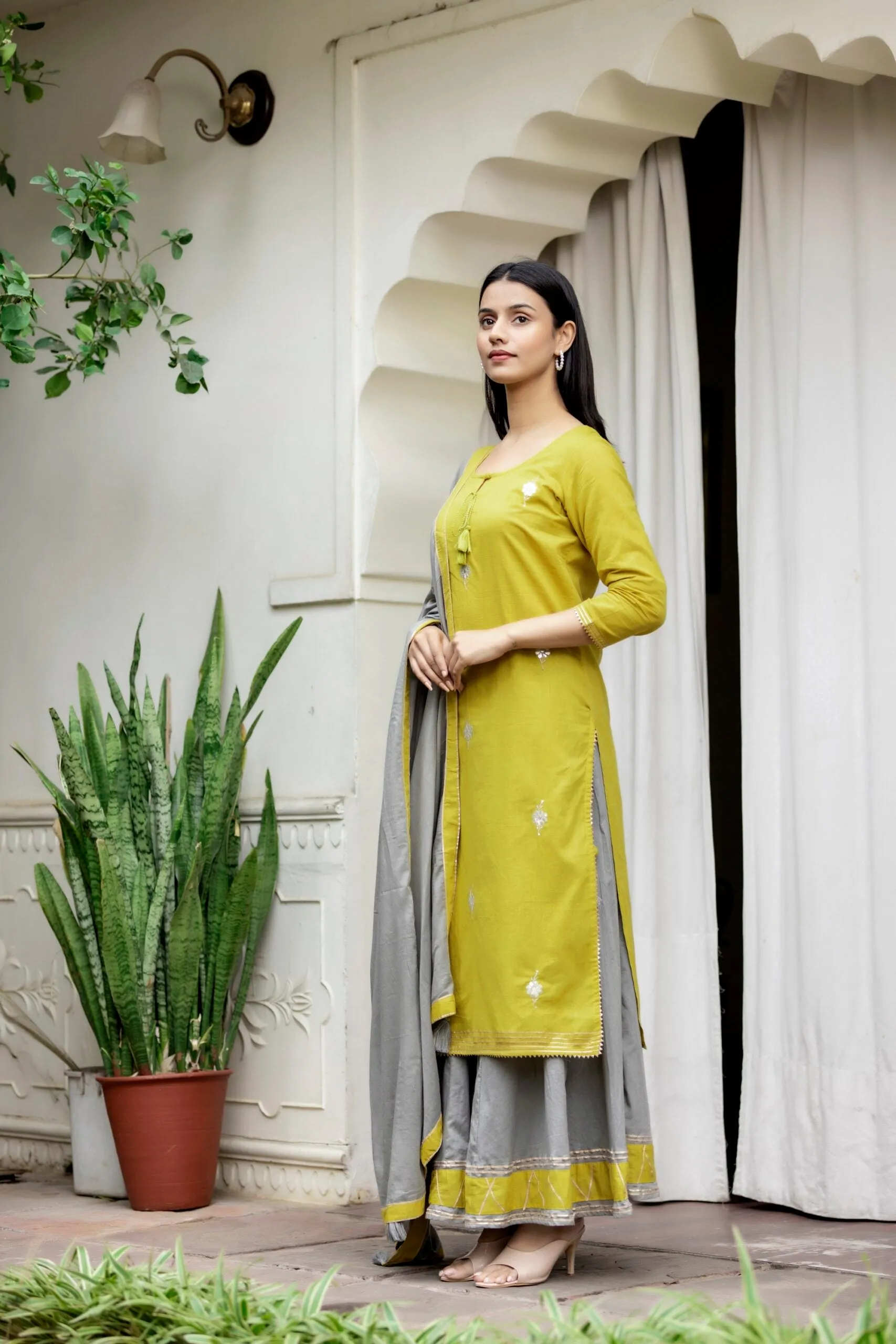 Cotton Green & Grey Embroidered Sharara Set with Dupatta