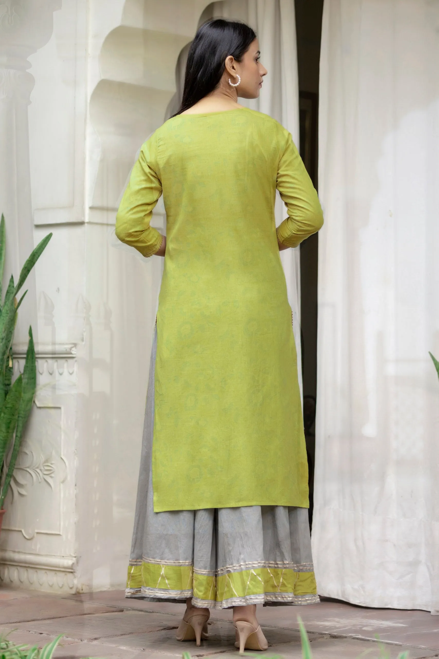 Cotton Green & Grey Embroidered Sharara Set with Dupatta