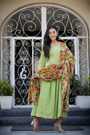 Cotton Green Floral Print Embroidered Anarkali Suit Set with Dupatta