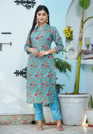 Cotton Green Floral Print Ethnic Kurta Pant Set