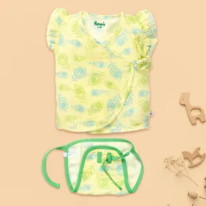 Cotton Jhabla & Nappy Set For Kids | Peacock Feather Printed | Light Yellow