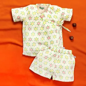 Cotton Jhabla & Shorts Set For Kids | Geometric Printed | White