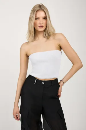 Cotton Knit Bustier Top in White with Silver Lurex