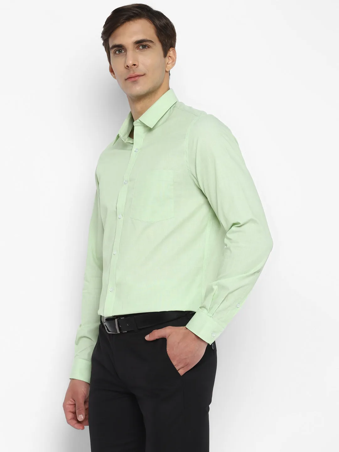 Cotton Light Green Solid Slim Fit Shirt